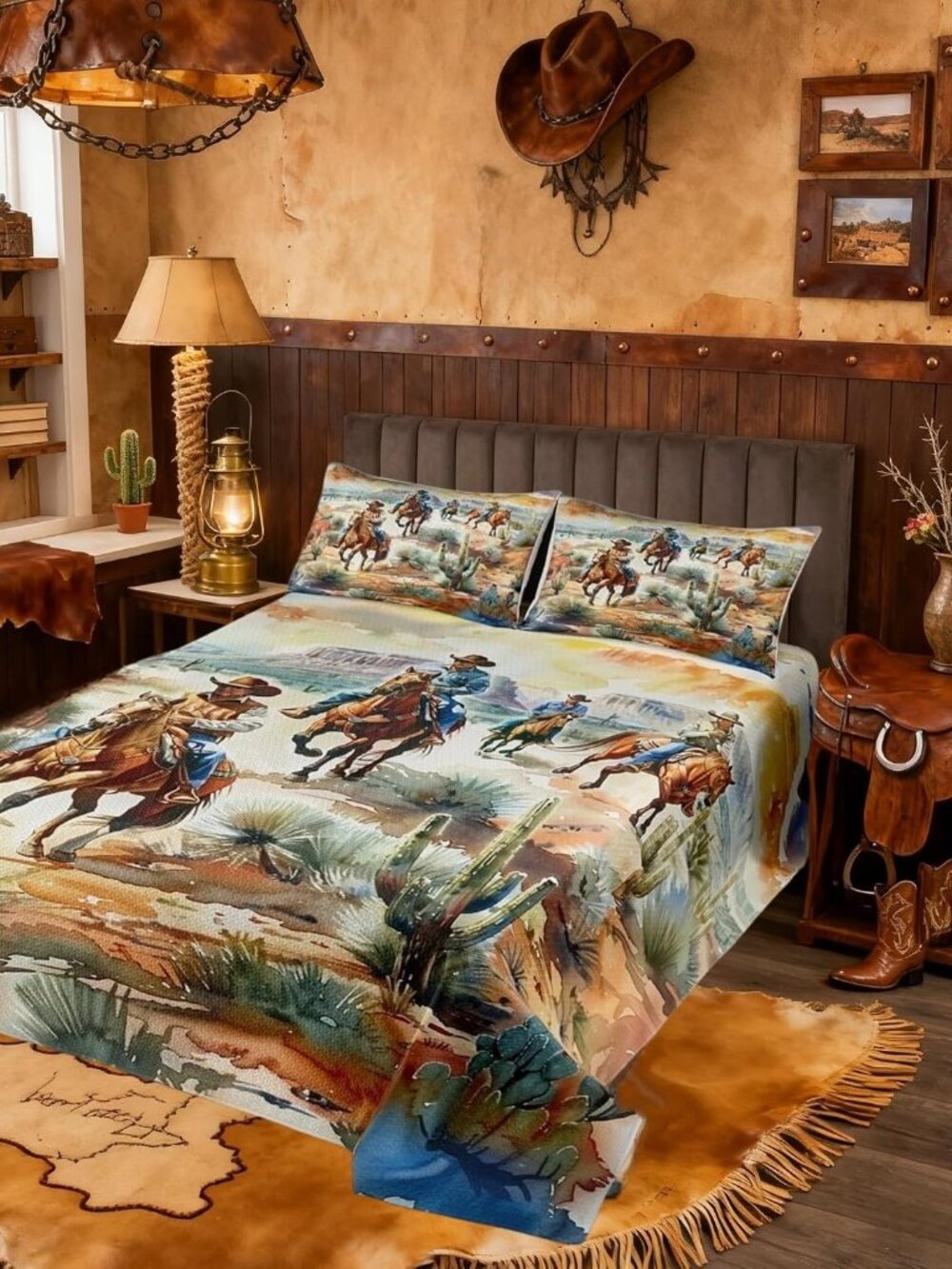 Western Cowboy Kids Bedspread King Size,West Horse Desert Cactus Coverlet Set,Gi